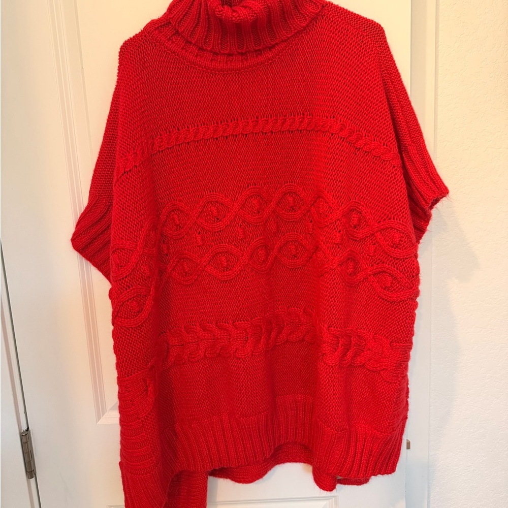 LOFT Vibrant Red Cowl Neck Poncho sweater